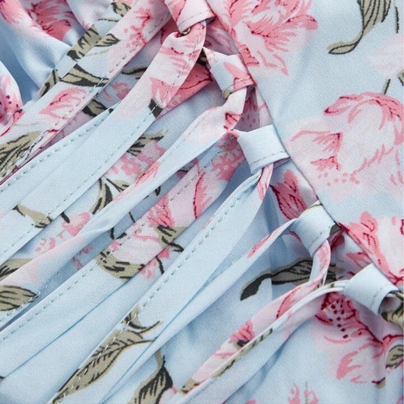 Shein MOD light blue pink ditsy floral lace up strapless mini dress - Picture 12 of 12